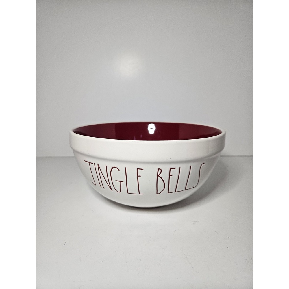 Rae Dunn Jingle Bells White Ceramic Holiday Serving Mixing Bowl Red Interior HTF